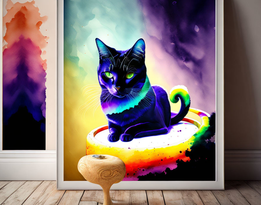 Colorful Black Cat Artwork on Rainbow Background with Spinner Frame