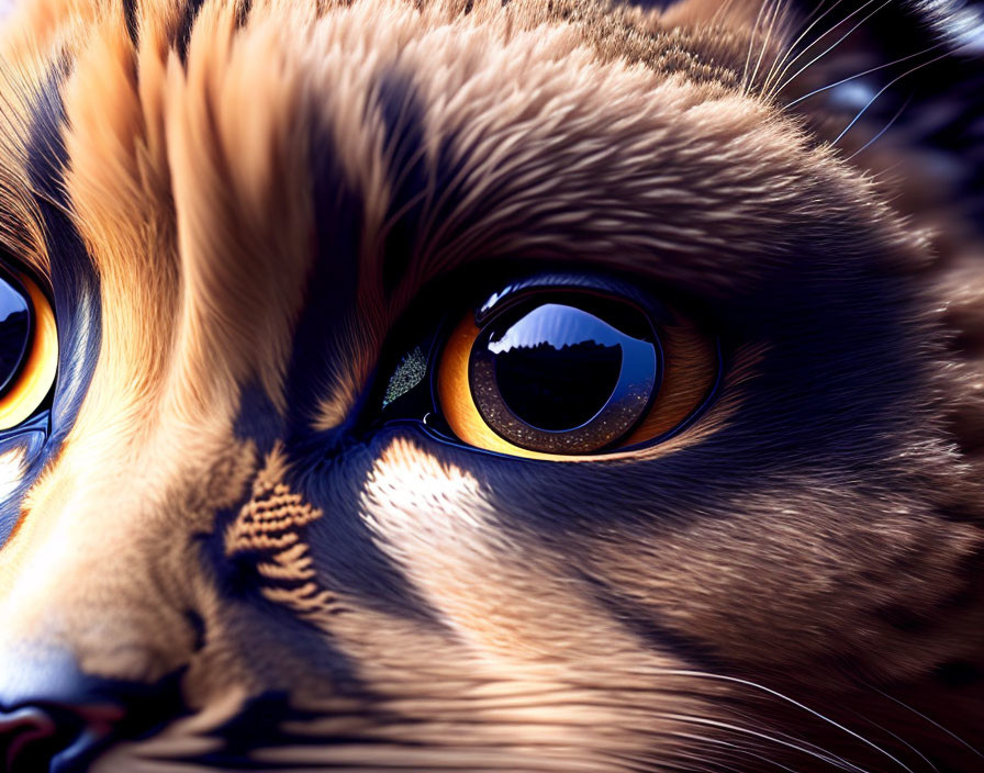 Detailed Digital Artwork: Cat with Orange Eyes Reflecting Mountain Landscape