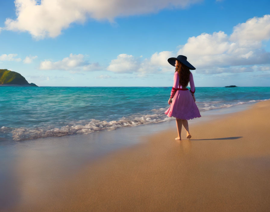 Woman in pink dress and sunhat on sandy beach with ocean view and distant island.
