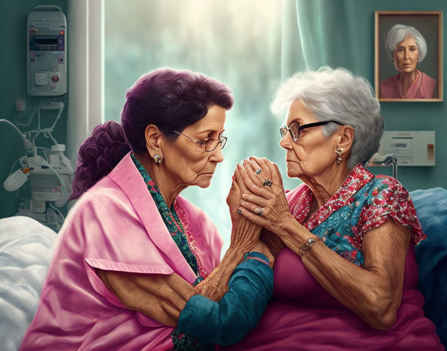 Elderly women holding hands with medical equipment and nurse in background