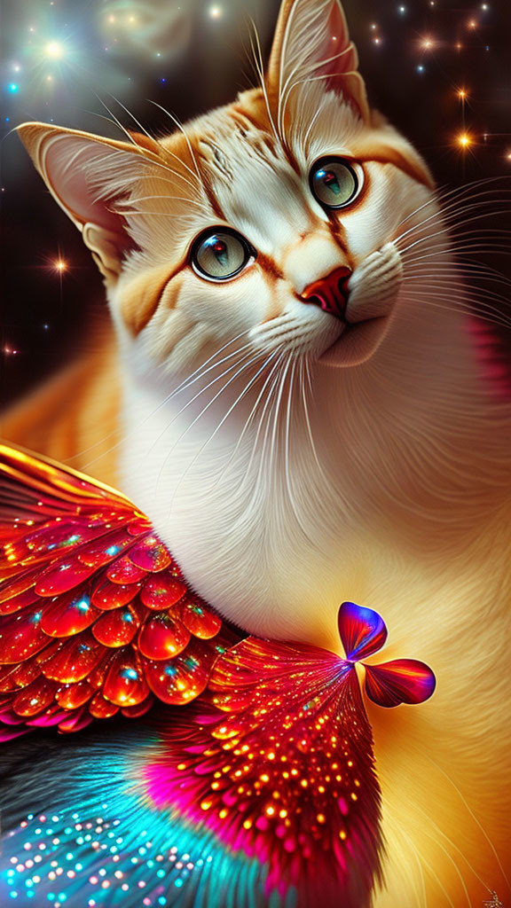 Vibrant cat with wing-like fur pattern and butterfly companion