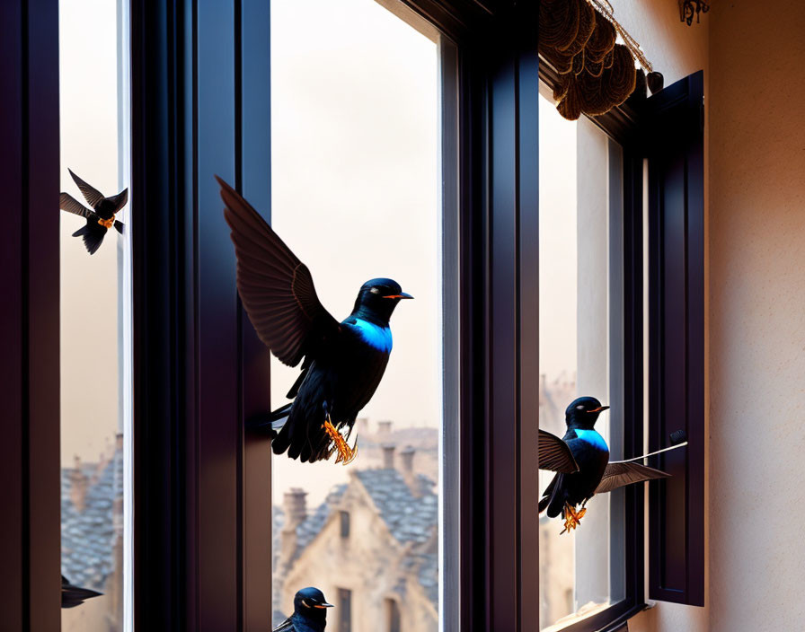 Swallows in Cityscape: Three Birds in Flight and Perched