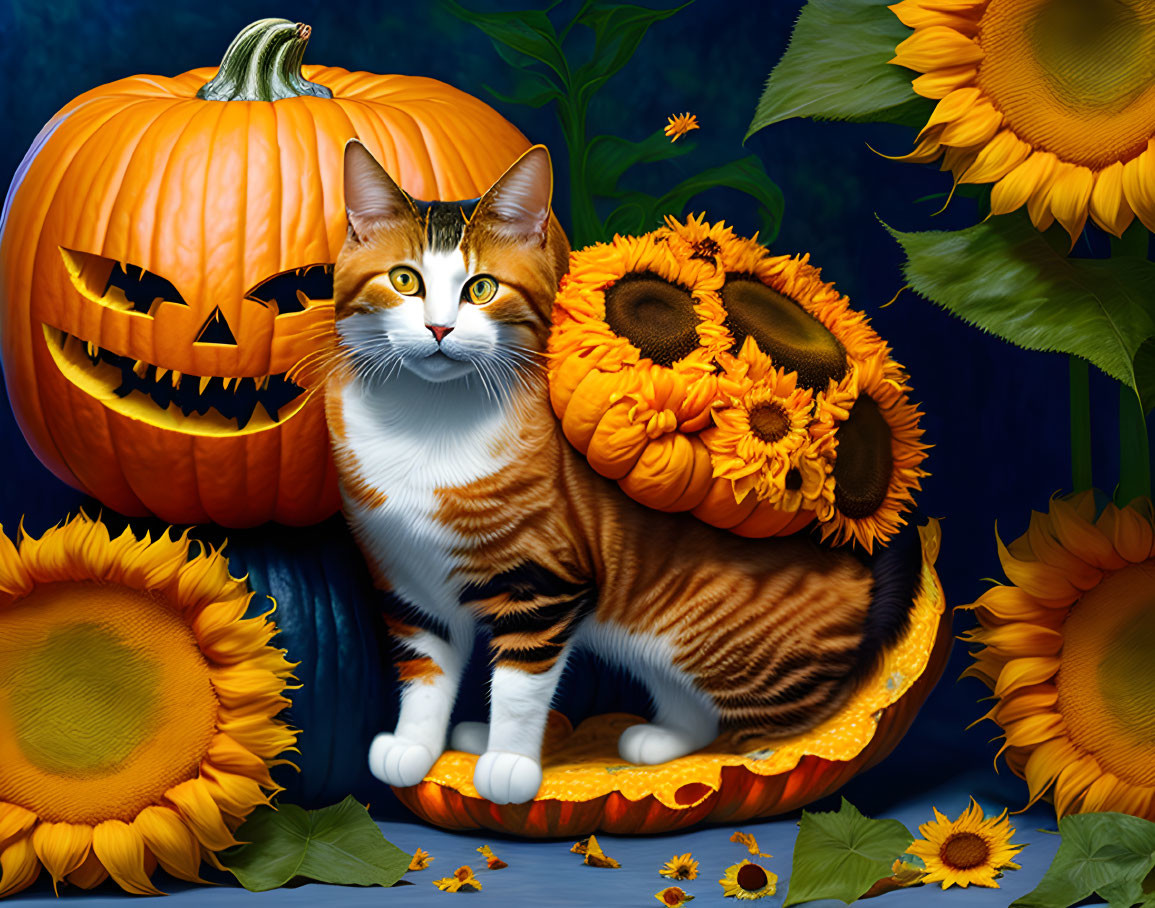 Smiling cat riding a pumpkin with sunflowers, root