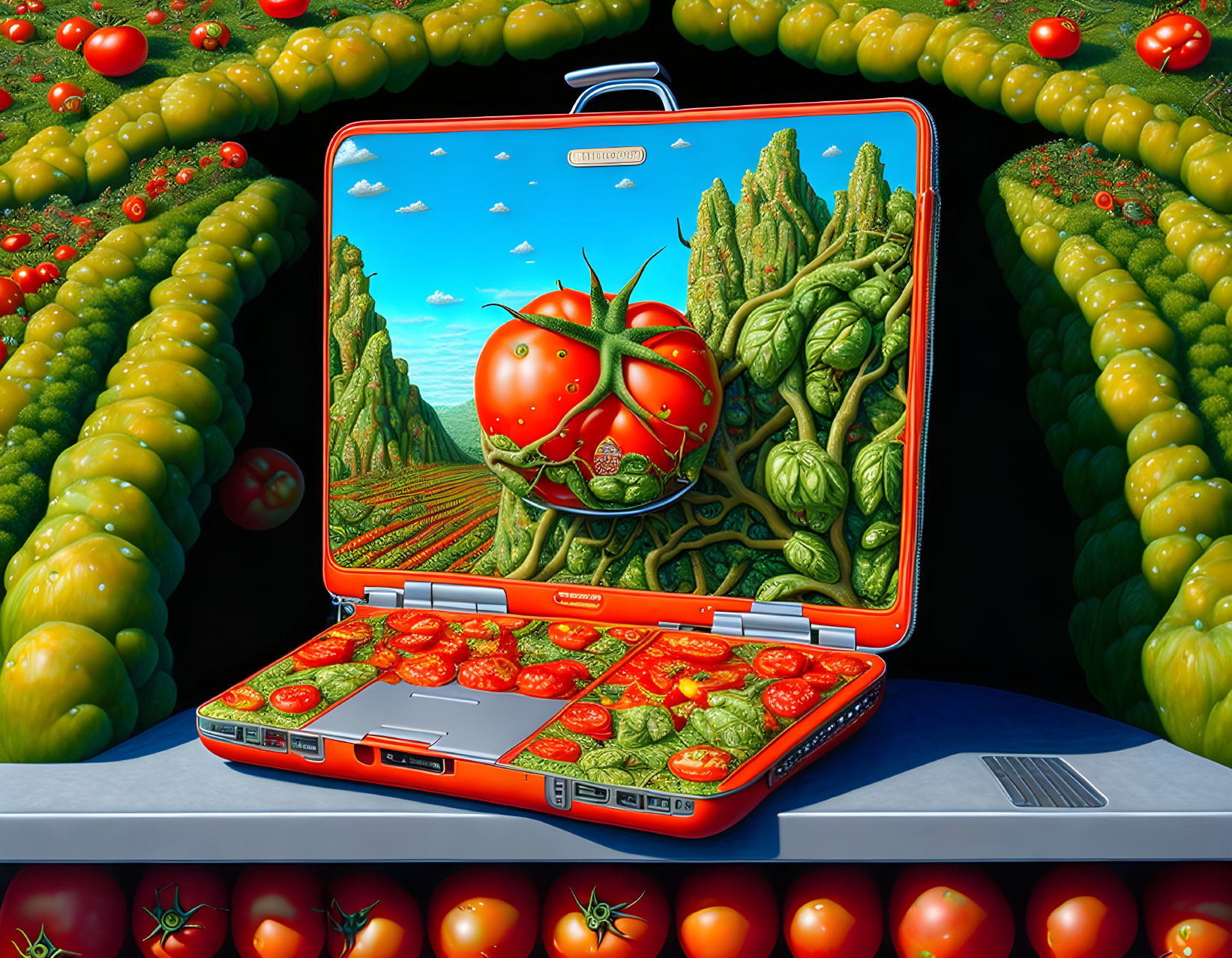 Surreal illustration of laptop with tomato theme in green fields