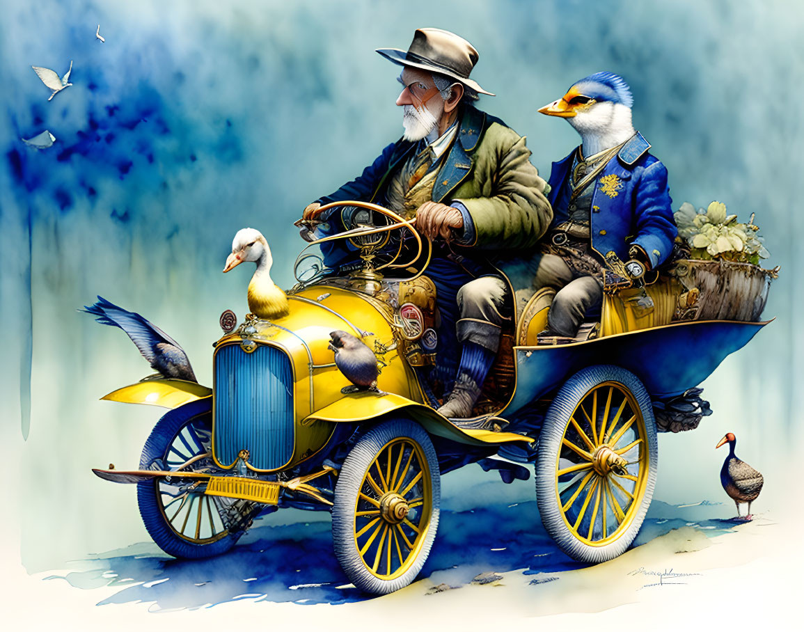 Elderly man and anthropomorphic bird in vintage car with geese in soft blue background