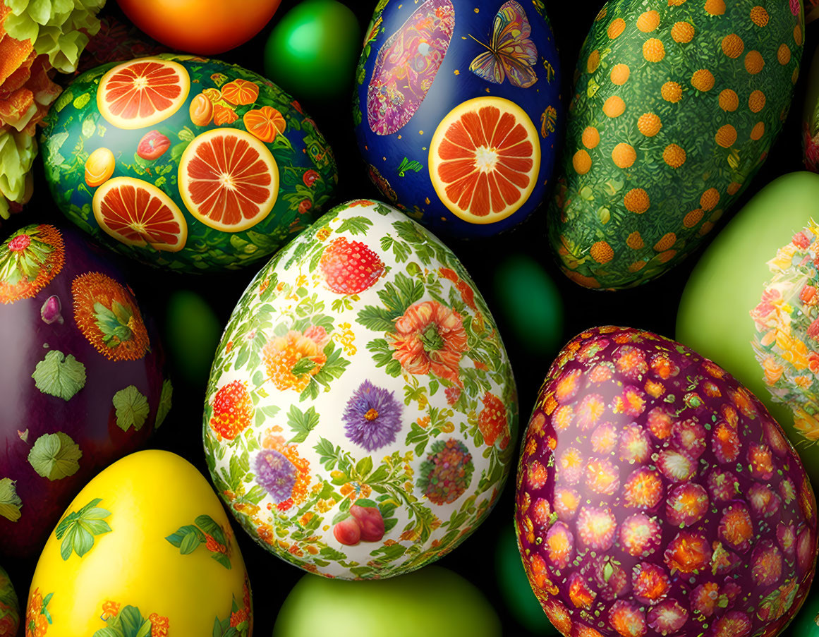 Vibrant Easter eggs with intricate floral and fruity patterns on dark backdrop