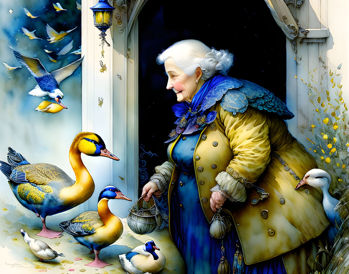 Elderly woman in blue and yellow dress feeding birds at cottage doorway