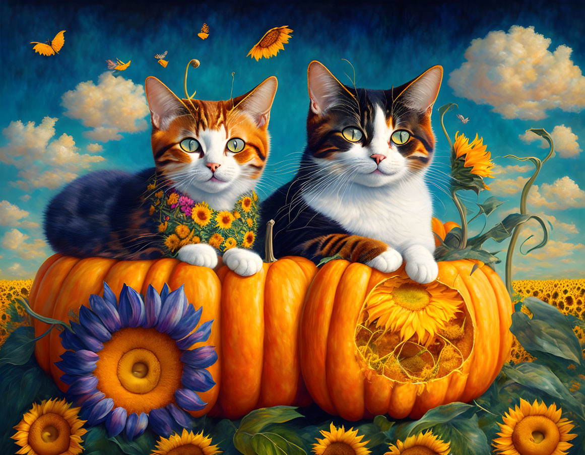 Colorful cats on pumpkin with sunflowers under blue sky and autumn leaves
