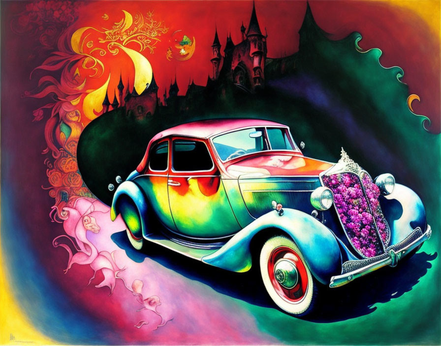 Colorful surreal illustration of classic car with chrome grille and flowers in trunk against whimsical castle backdrop