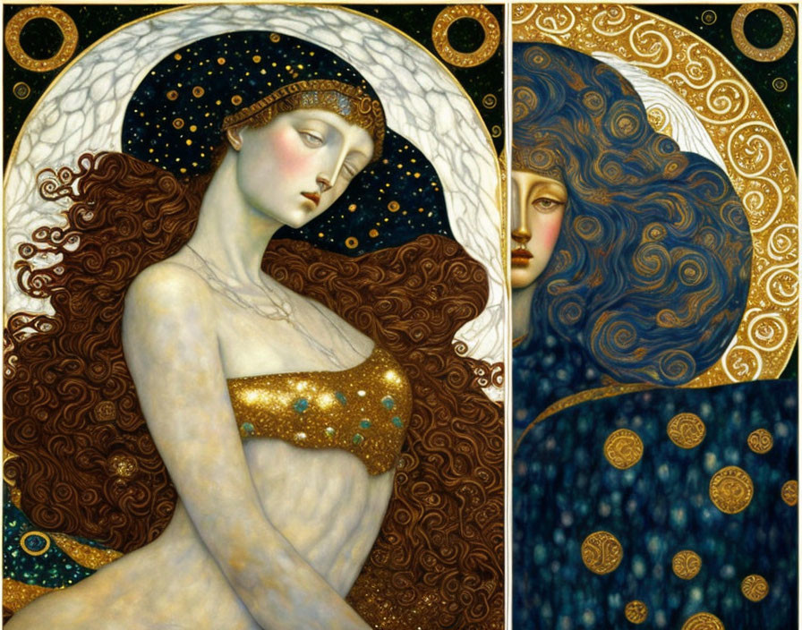 Stylized female figures with halos in Art Nouveau style