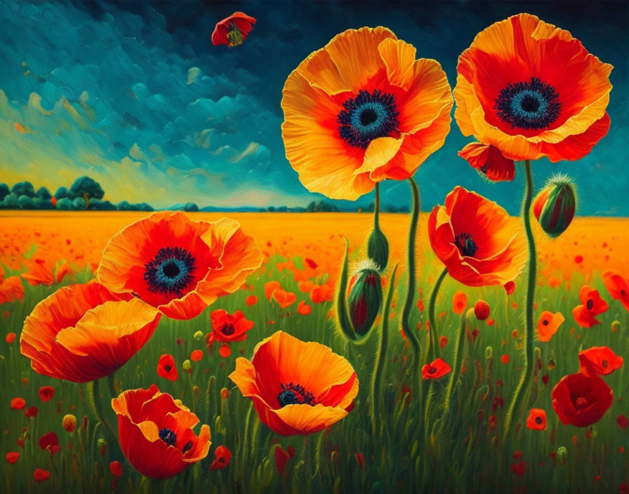 Colorful painting of bright red poppies on dynamic blue and green backdrop