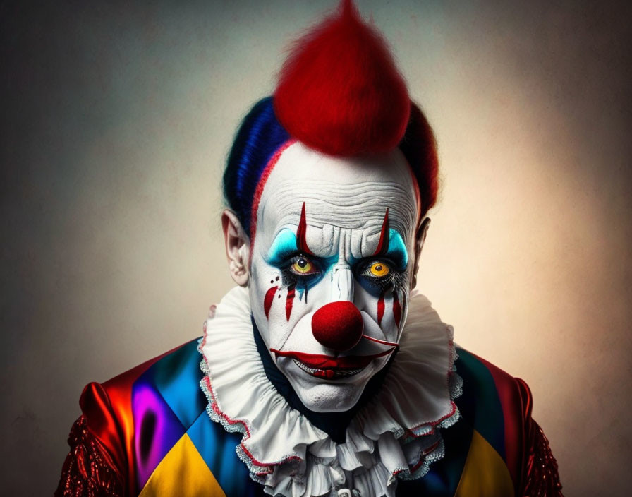 Vibrant red hair and dramatic clown makeup on haunting portrait