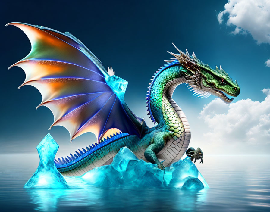 Colorful Dragon Perched on Iceberg in Blue Ocean