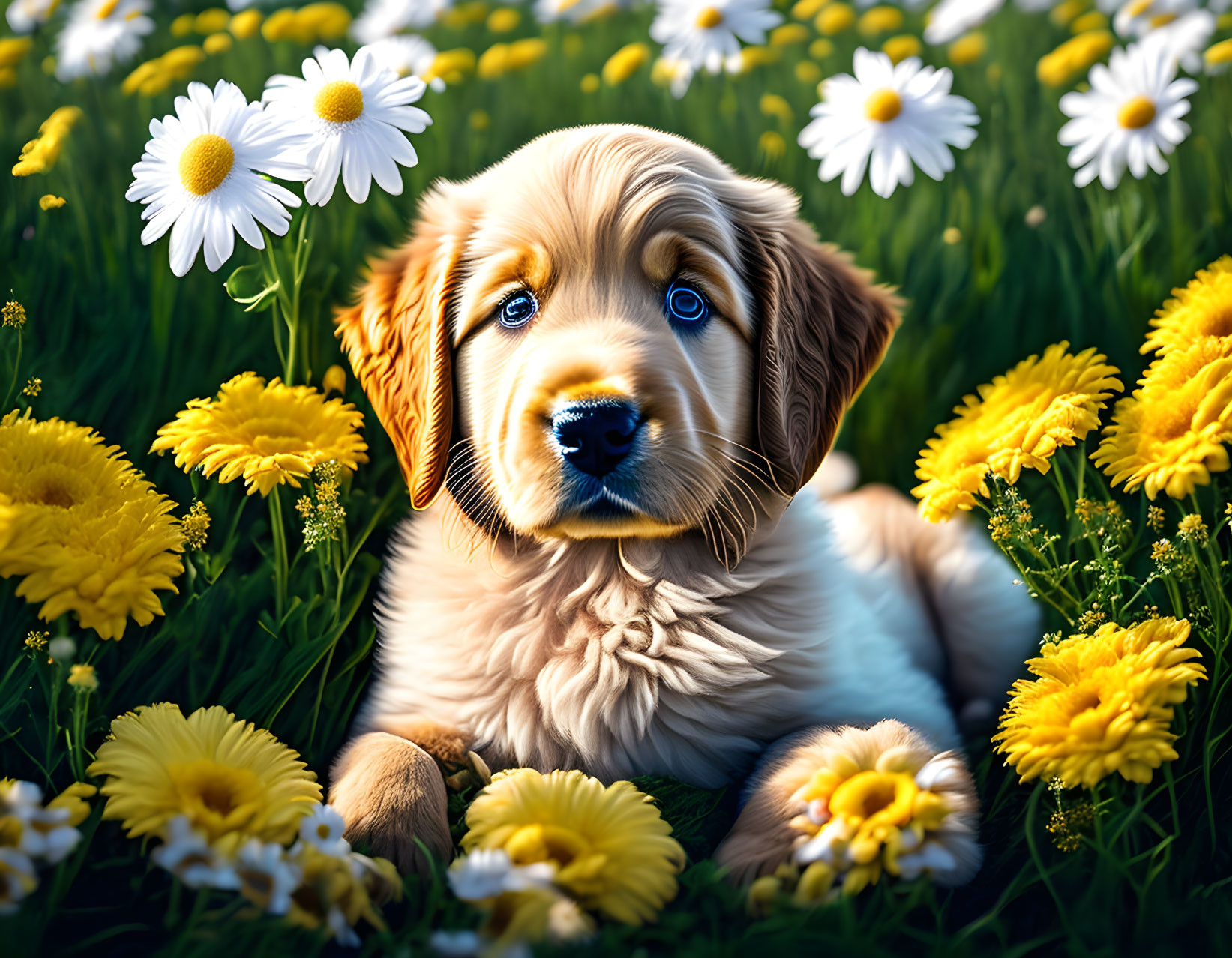 Golden Retriever Puppy Surrounded by Yellow and White Flowers