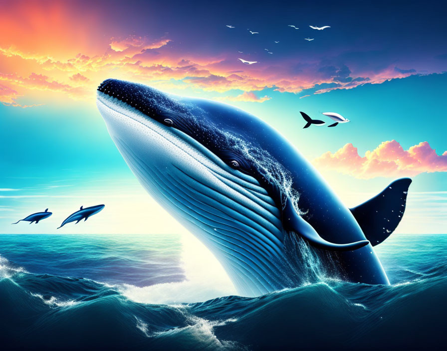 Blue whale breaching ocean at sunset with colorful sky and bird silhouettes