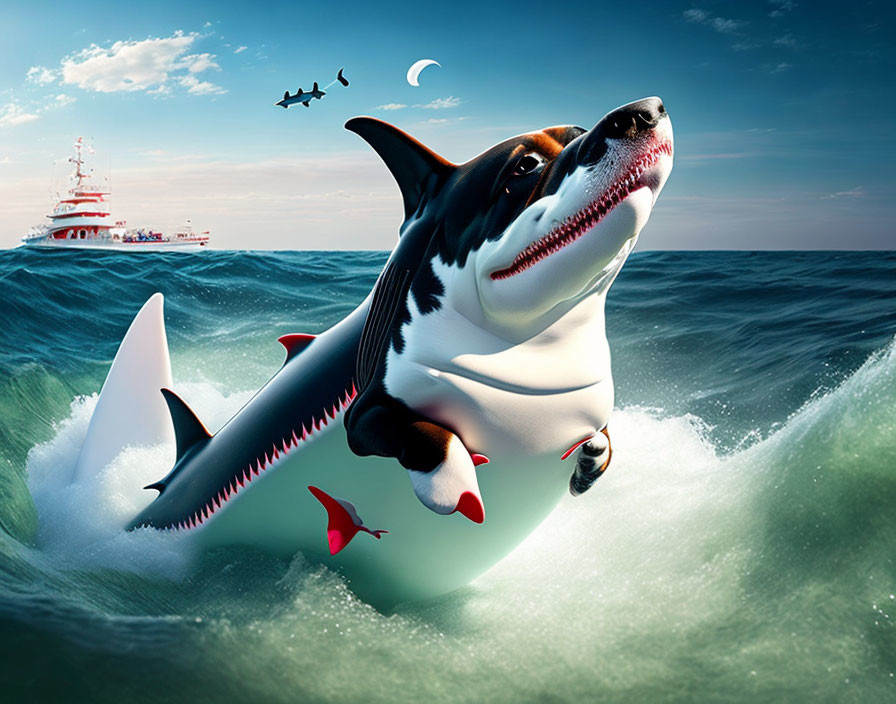 Whimsical digitally altered shark leaping over ocean waves