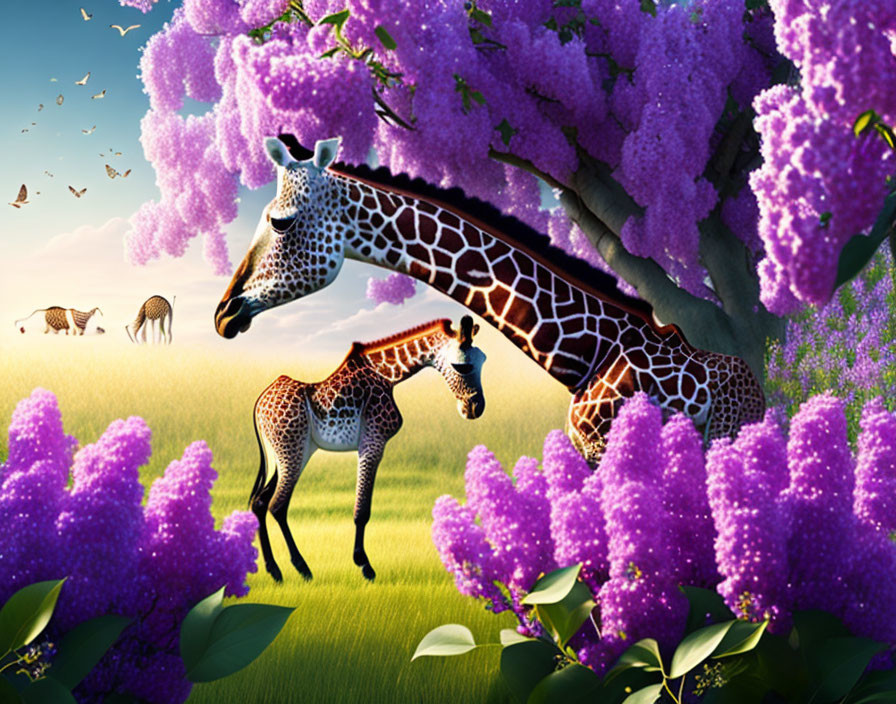 Mother Giraffe and Calf Surrounded by Purple Blossoms and Wildlife