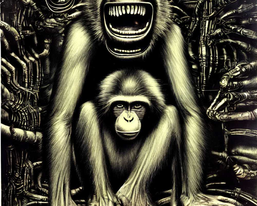 Detailed baboon-themed illustration with mechanical and primate elements in a dark backdrop