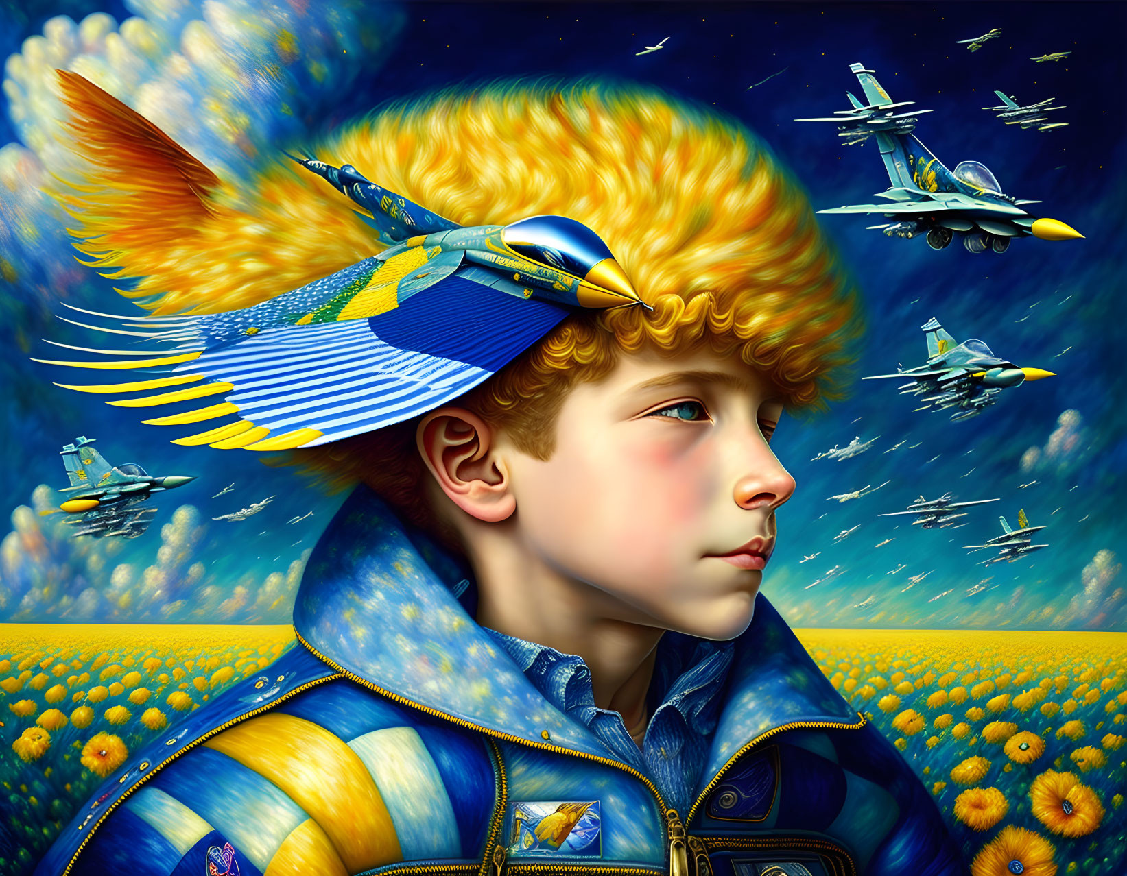 A one boy rides a blue yellow F-16, wind blowing h
