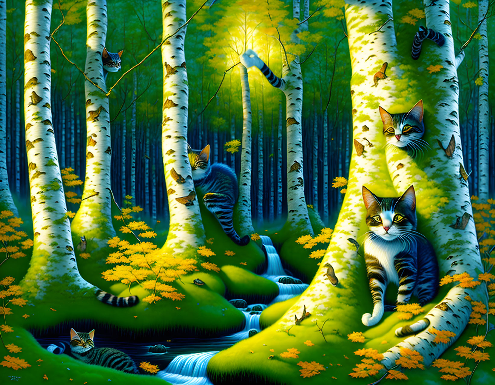 cats peeking out from trees, Birch forest, meadow,