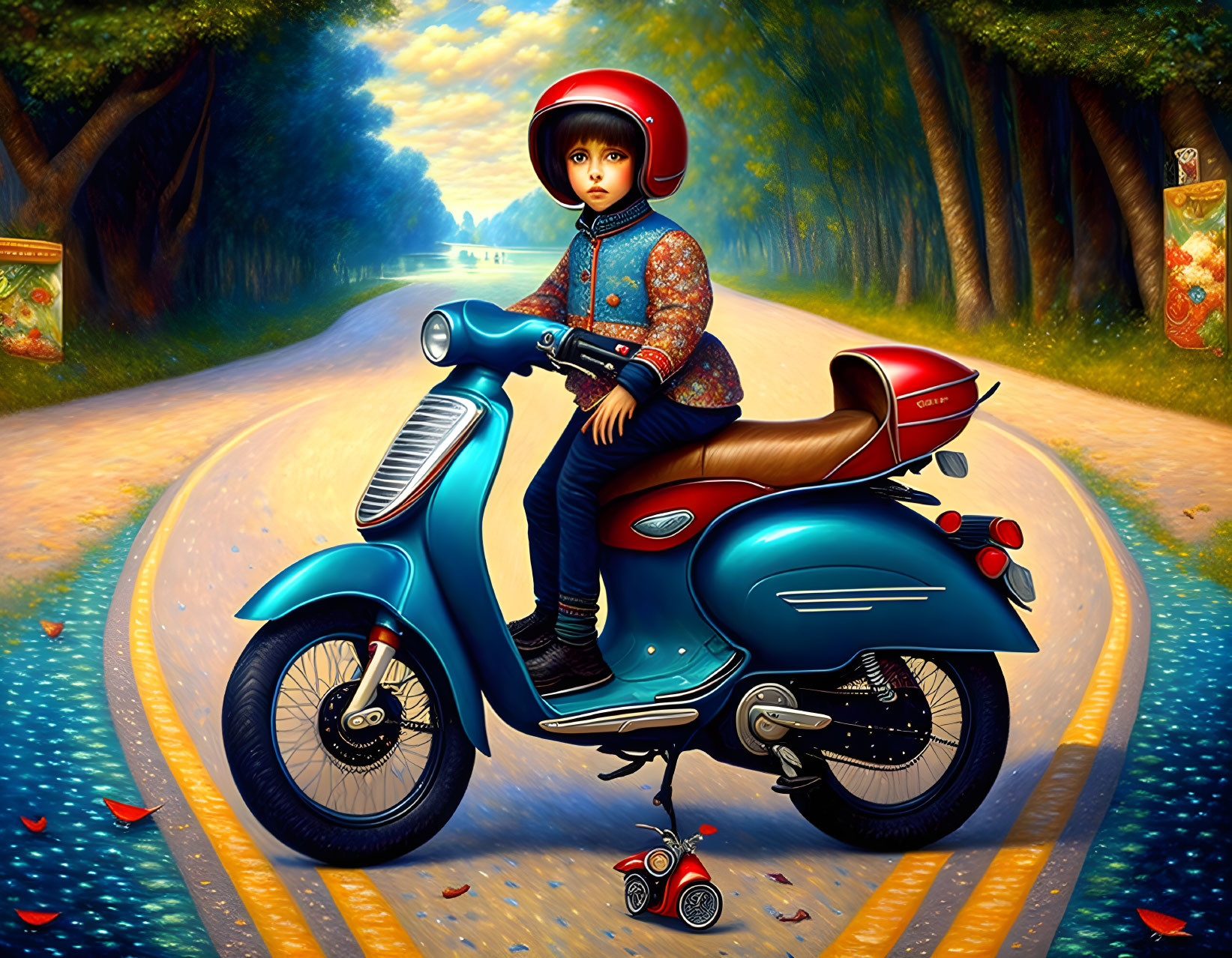 An one boy rides a red moped on the dusty road alo