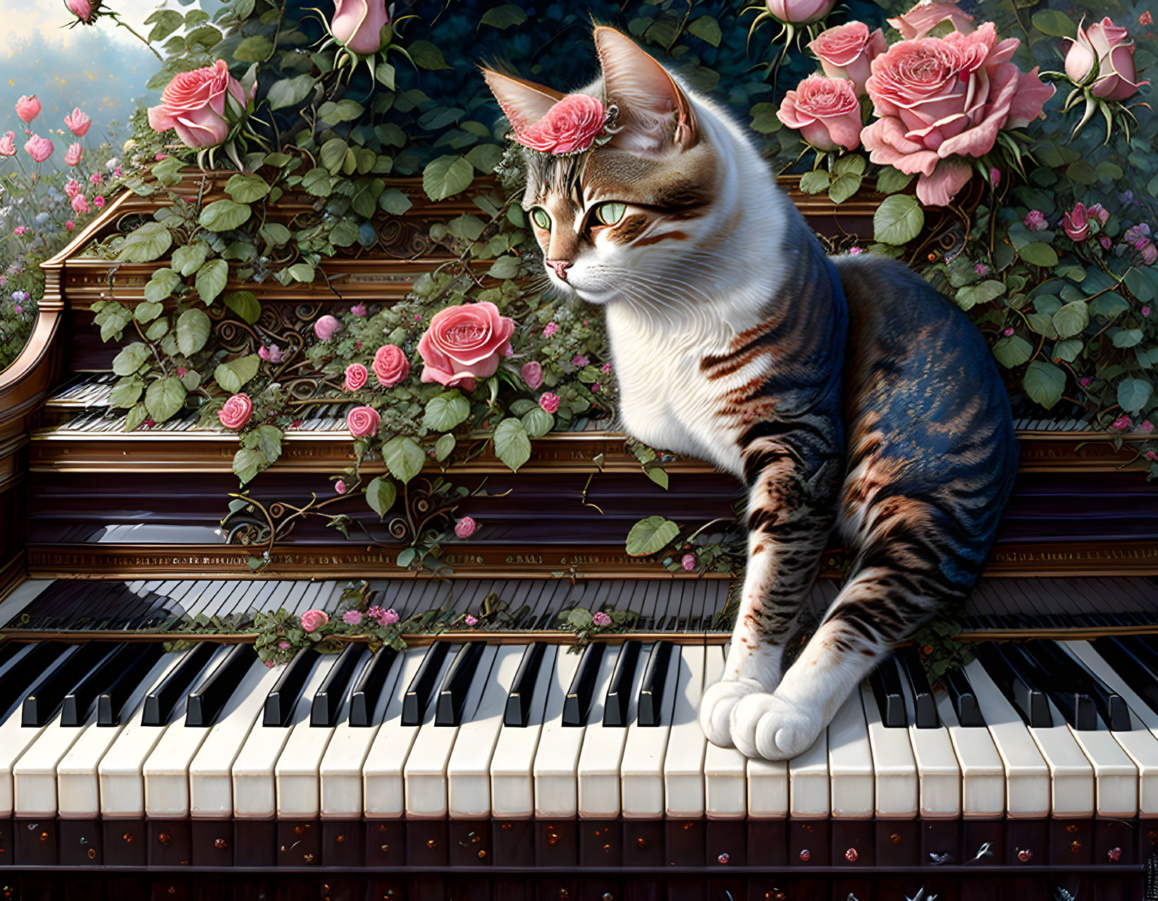 Cat driving roses piano. extreme details, full fro