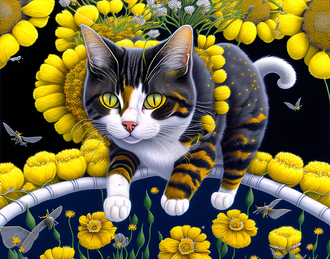 A cat flies on a rocket. Striking Yellow and Gray 