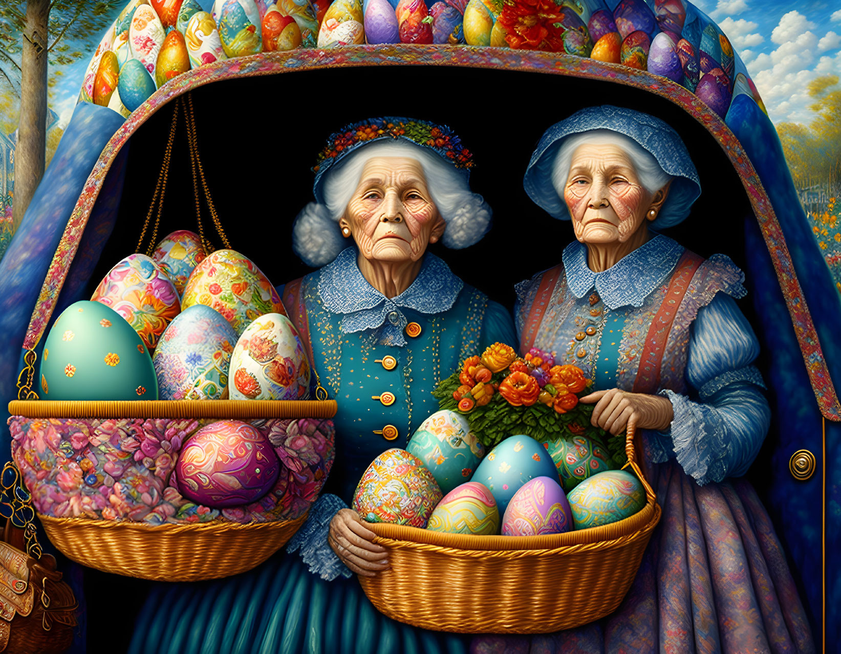 Old women with bags, food baskets and easter eggs 