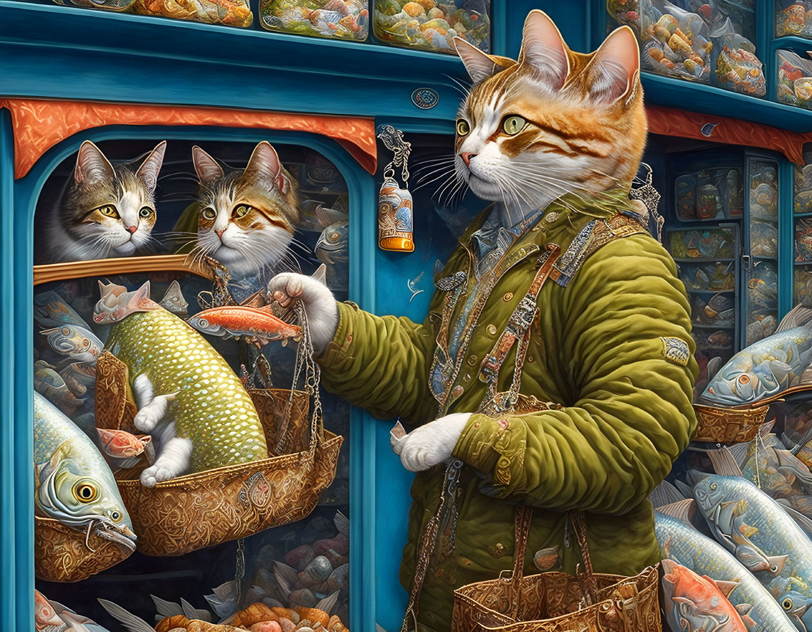 Cat with a bag buys fish in the market. extreme de