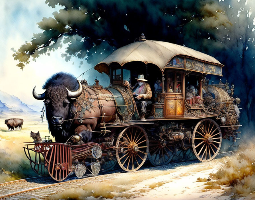 Old man driving a buffalo train