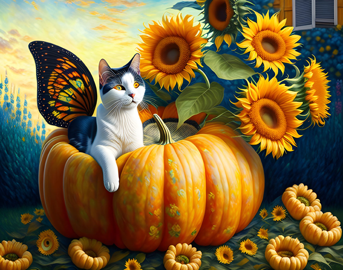 Smiling white cat riding a pumpkin with sunflowers