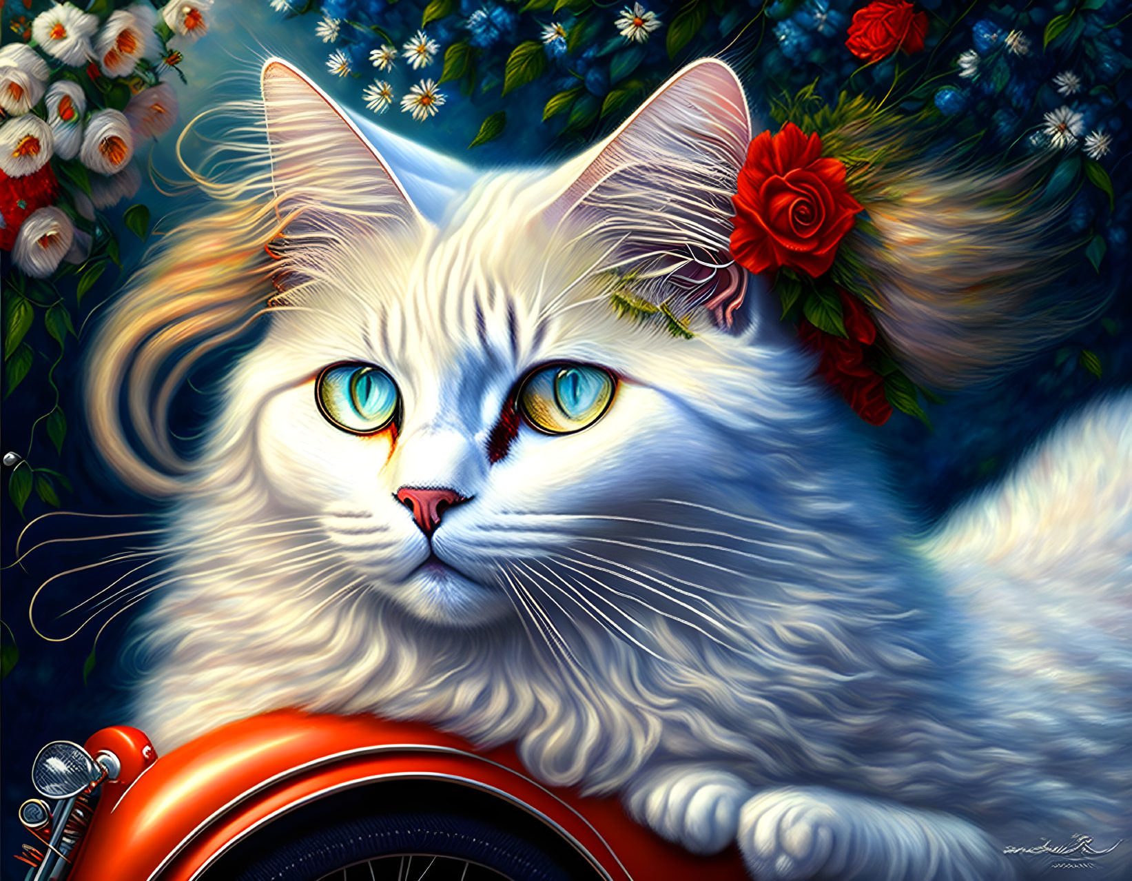 A one white longhair cat rides a red moped, wind b