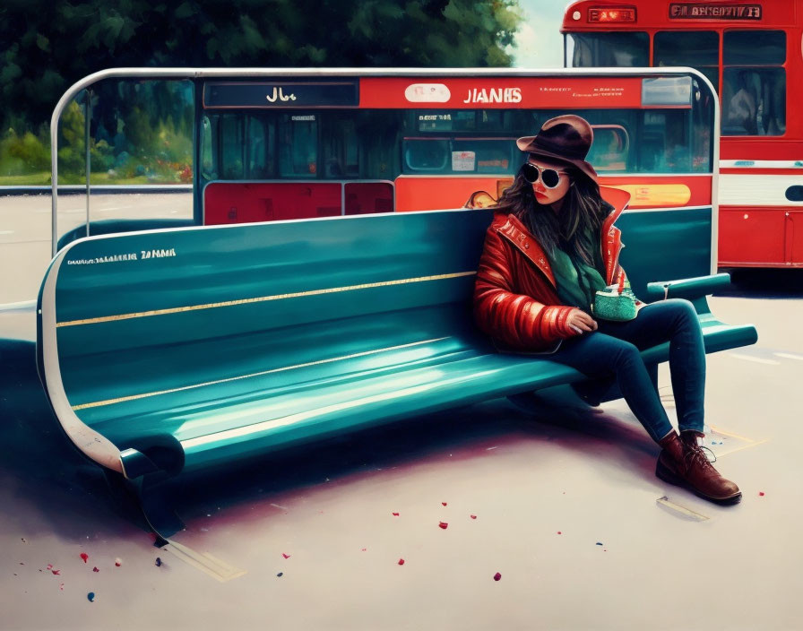 Woman in Red Jacket and Sunglasses at Bus Stop with Green Beverage and Red Bus