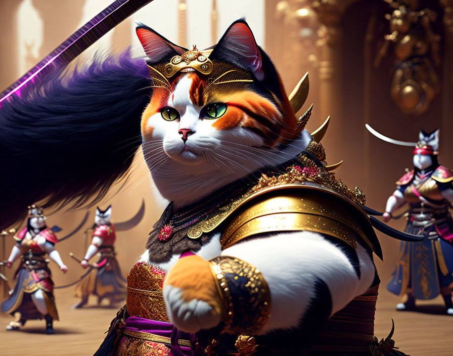 Majestic cat in samurai armor with followers in background