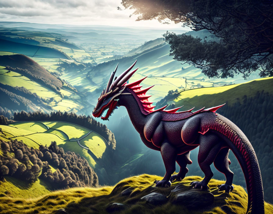 Majestic red dragon with horns and wings in lush green valley