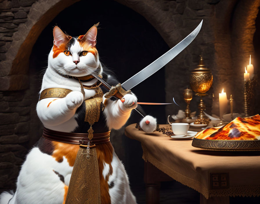 Stylized cat with human-like arms as medieval warrior with sword in candlelit room.