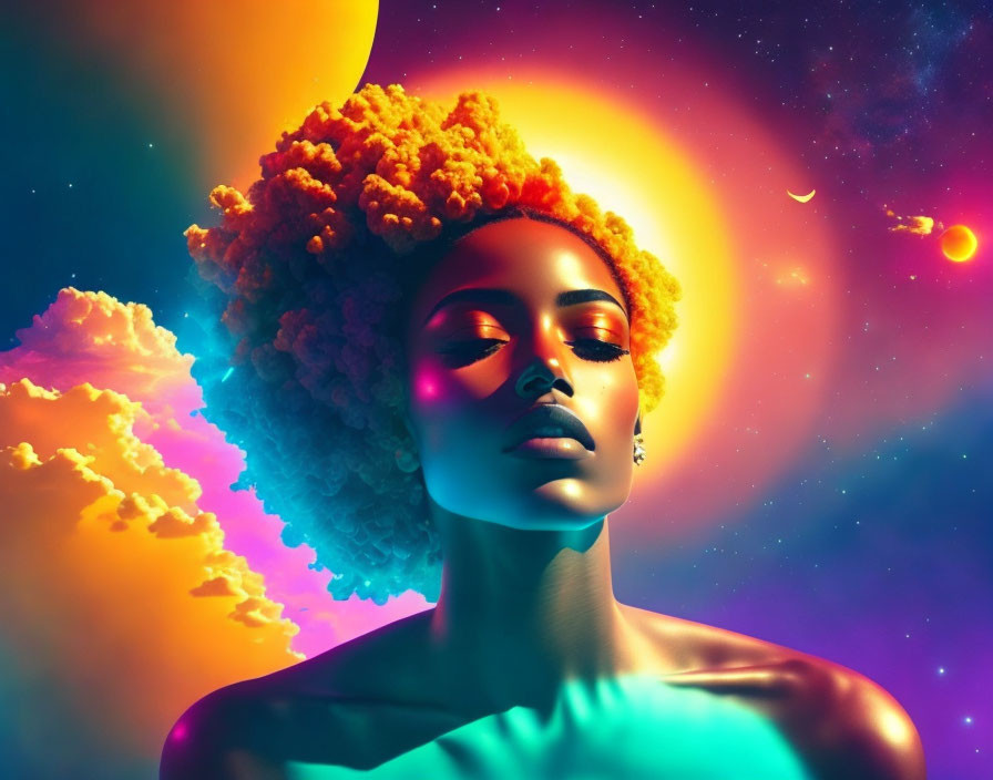 Colorful Digital Art Portrait of Woman with Afro in Cosmic Space
