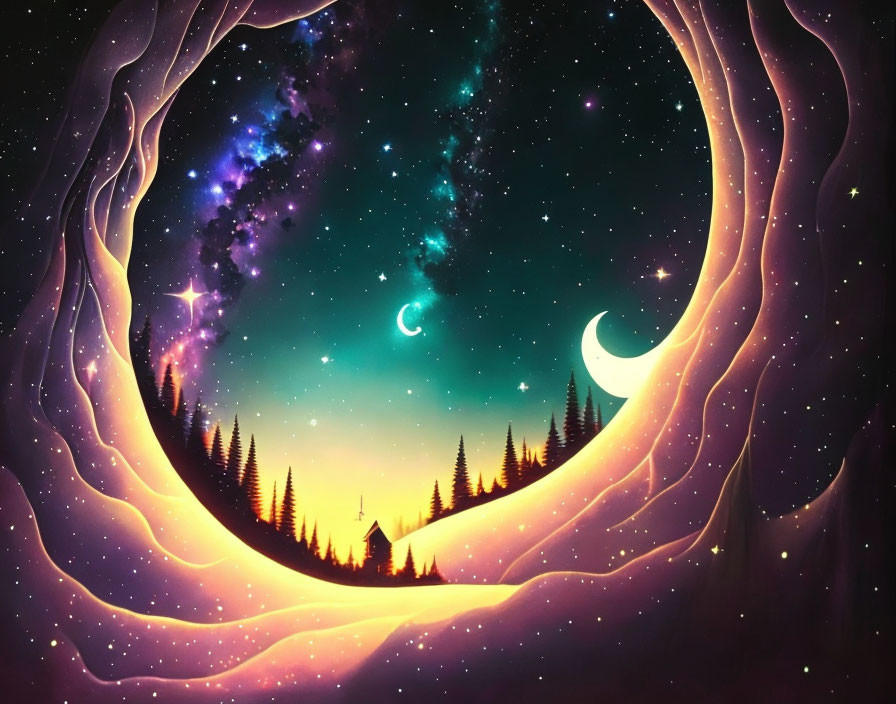 Whimsical night sky illustration with swirling tree borders