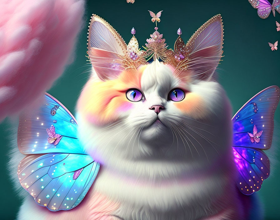 Colorful Cat with Crown and Butterfly Wings on Teal Background
