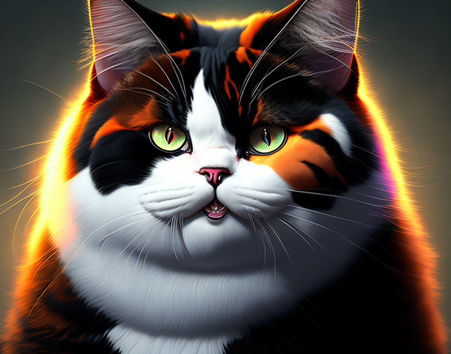 Detailed Close-Up of Cat Digital Artwork with Green Eyes and Multicolored Fur