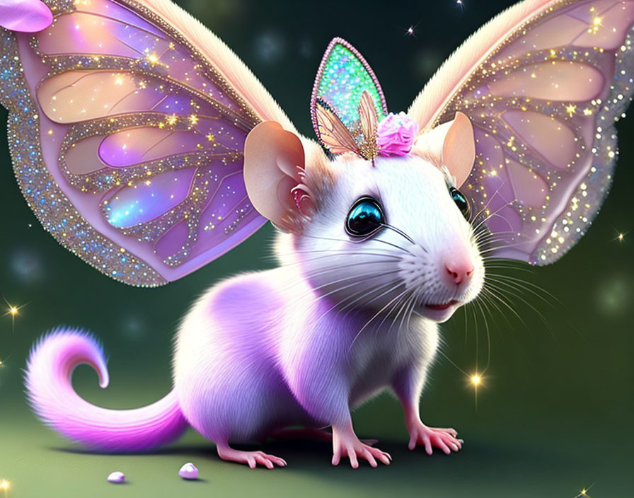 Whimsical mouse with translucent wings and floral crown on starry background