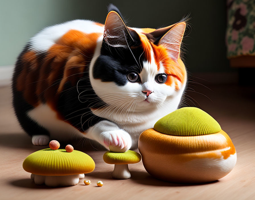 Calico Cat Playing with Fabric Mushroom Toy on Wooden Floor