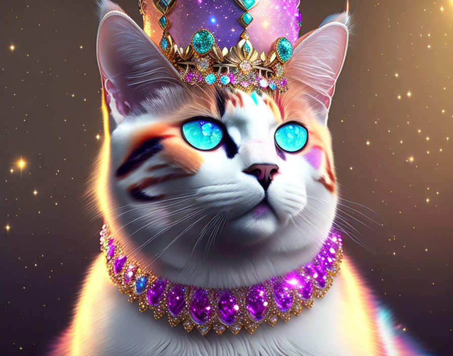 Regal cat with blue eyes in gold and purple crown and collar