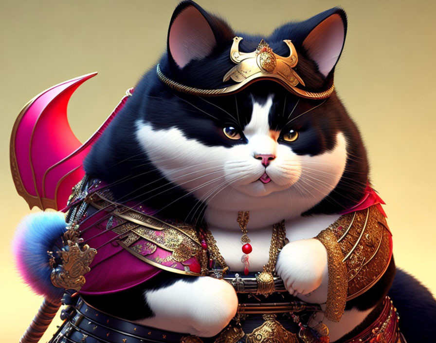 Anthropomorphic cat in traditional armor with helmet and red cape