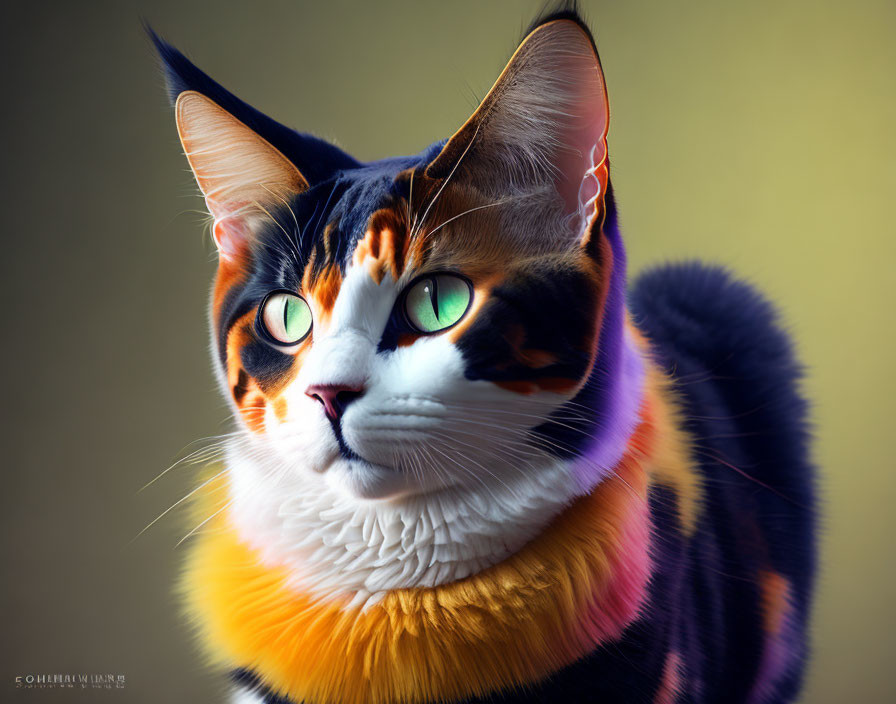 Close-up of Calico Cat with Green Eyes and Multicolored Stripes