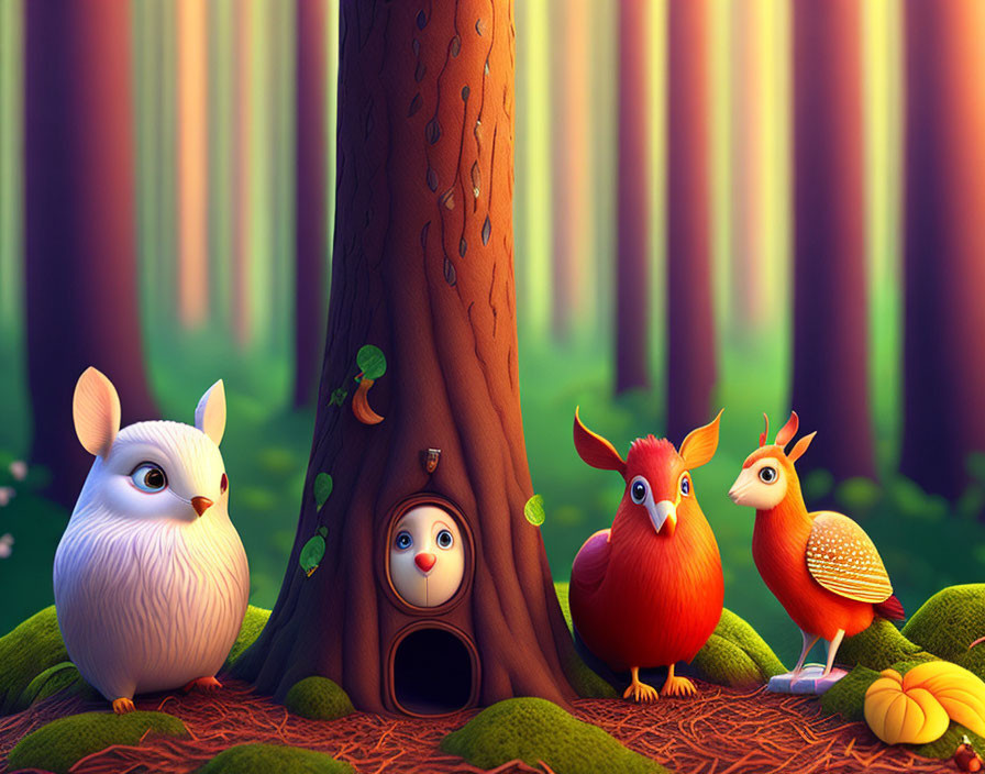 Colorful Cartoon Forest Creatures with Small Character in Tree Hollow