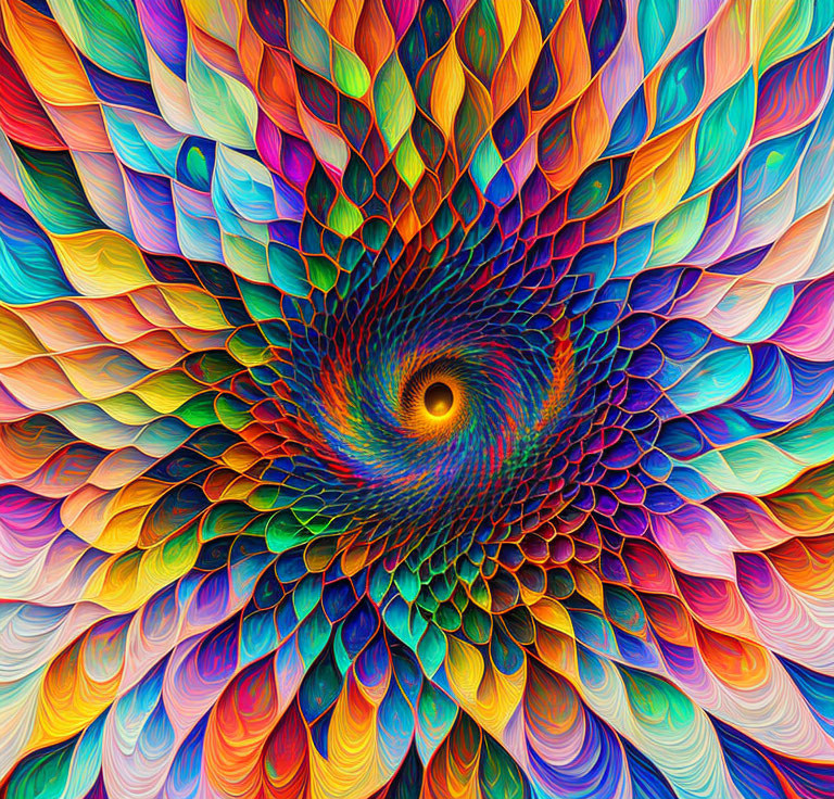 Colorful Fractal Pattern Resembling Peacock Tail Spiral