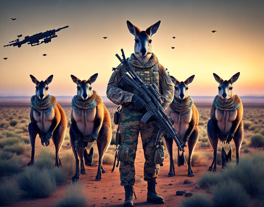 Anthropomorphic Kangaroos in Soldier Attire in Desert Sunset with Aircraft