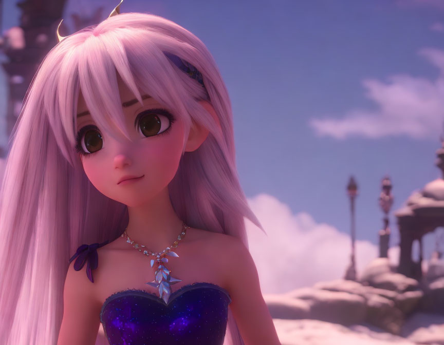 Animated female character with large eyes and white hair in blue dress against fantasy purple backdrop