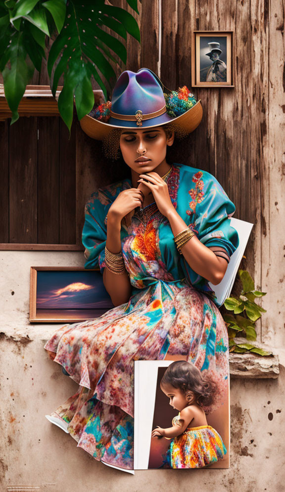Woman in colorful outfit and wide-brimmed hat against wooden wall with framed pictures and greenery